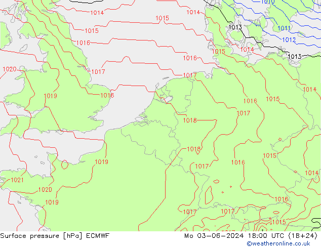 pressão do solo ECMWF Seg 03.06.2024 18 UTC