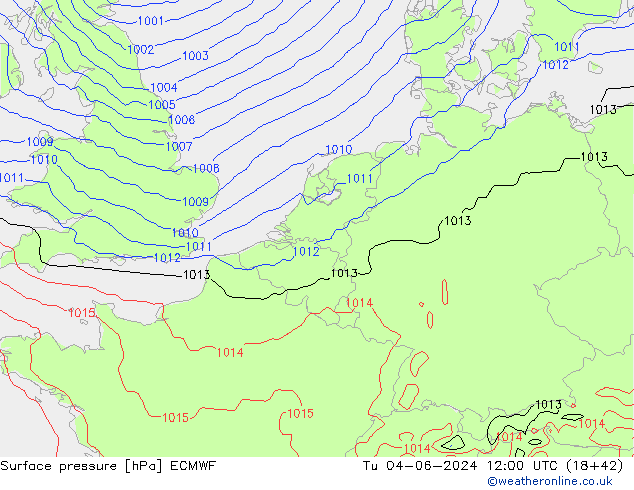 Atmosférický tlak ECMWF Út 04.06.2024 12 UTC