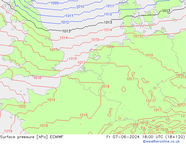 Presión superficial ECMWF vie 07.06.2024 18 UTC