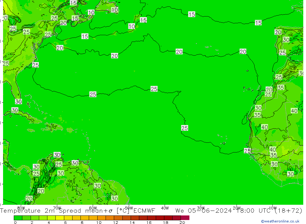 Temperatura 2m Spread ECMWF Qua 05.06.2024 18 UTC