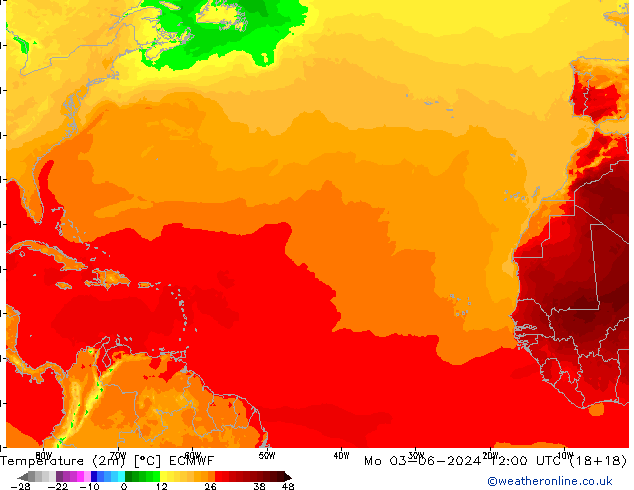 Temperatuurkaart (2m) ECMWF ma 03.06.2024 12 UTC