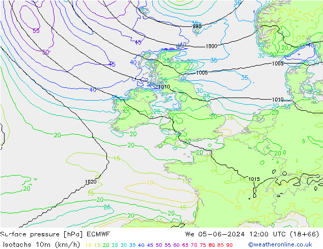 Isotachs (kph) ECMWF St 05.06.2024 12 UTC