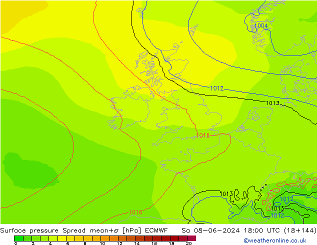 Surface pressure Spread ECMWF Sa 08.06.2024 18 UTC