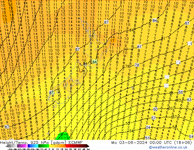 Yükseklik/Sıc. 925 hPa ECMWF Pzt 03.06.2024 00 UTC