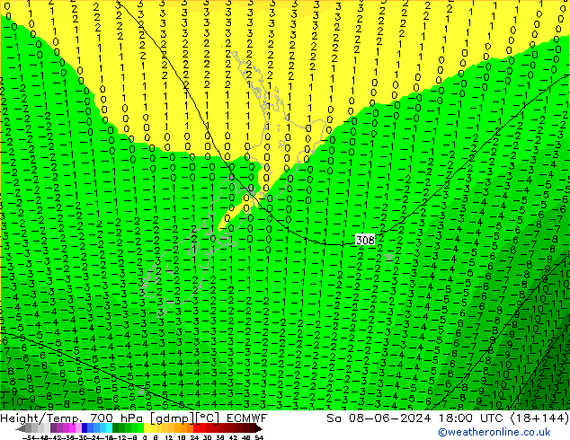 Hoogte/Temp. 700 hPa ECMWF za 08.06.2024 18 UTC