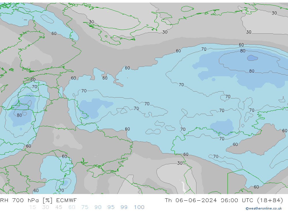 RH 700 гПа ECMWF чт 06.06.2024 06 UTC