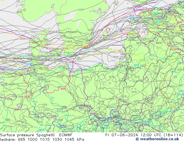 Luchtdruk op zeeniveau Spaghetti ECMWF vr 07.06.2024 12 UTC