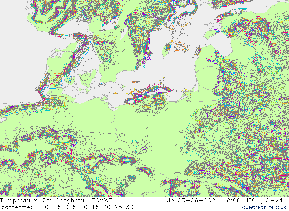 Temperatura 2m Spaghetti ECMWF lun 03.06.2024 18 UTC