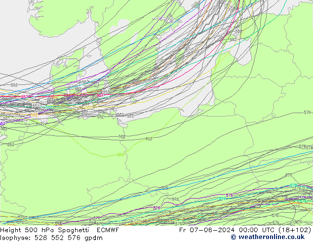 Height 500 hPa Spaghetti ECMWF Sex 07.06.2024 00 UTC