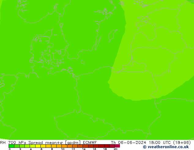 RH 700 hPa Spread ECMWF czw. 06.06.2024 18 UTC