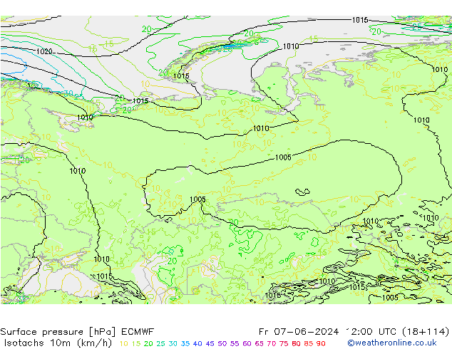 Izotacha (km/godz) ECMWF pt. 07.06.2024 12 UTC