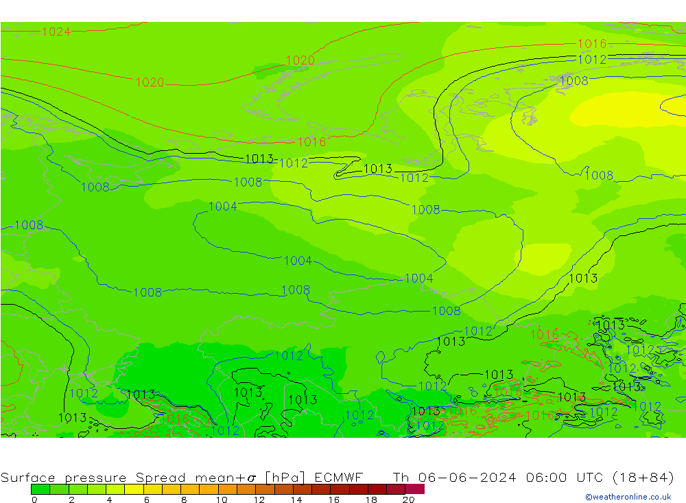 Pressione al suolo Spread ECMWF gio 06.06.2024 06 UTC