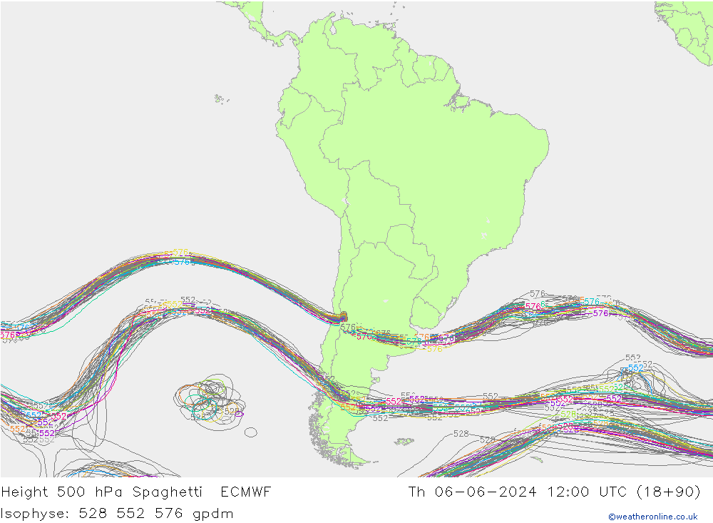 Height 500 hPa Spaghetti ECMWF czw. 06.06.2024 12 UTC