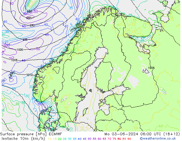 Isotachs (kph) ECMWF  03.06.2024 06 UTC