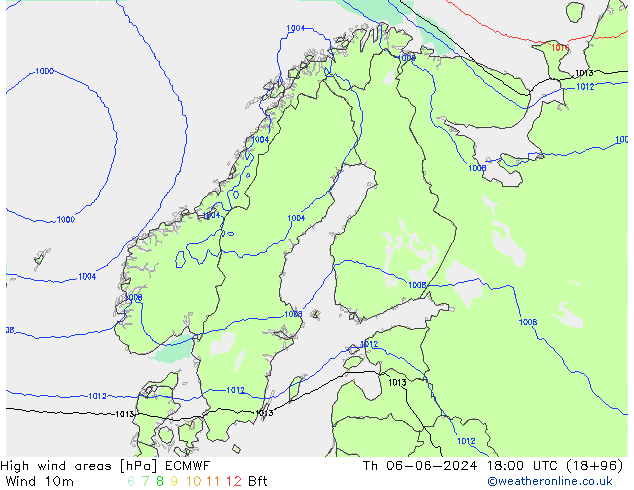 High wind areas ECMWF Čt 06.06.2024 18 UTC