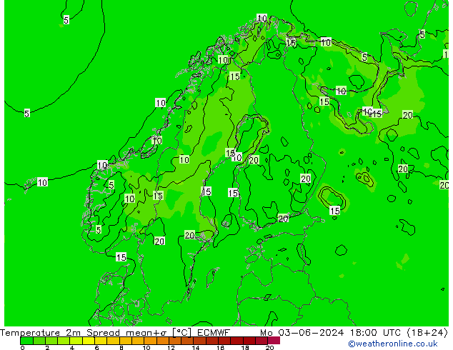 Temperatura 2m Spread ECMWF lun 03.06.2024 18 UTC