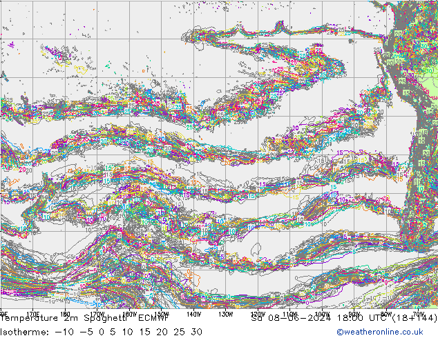 mapa temperatury 2m Spaghetti ECMWF so. 08.06.2024 18 UTC