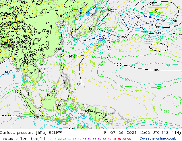 Isotaca (kph) ECMWF vie 07.06.2024 12 UTC