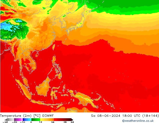 Temperature (2m) ECMWF Sa 08.06.2024 18 UTC