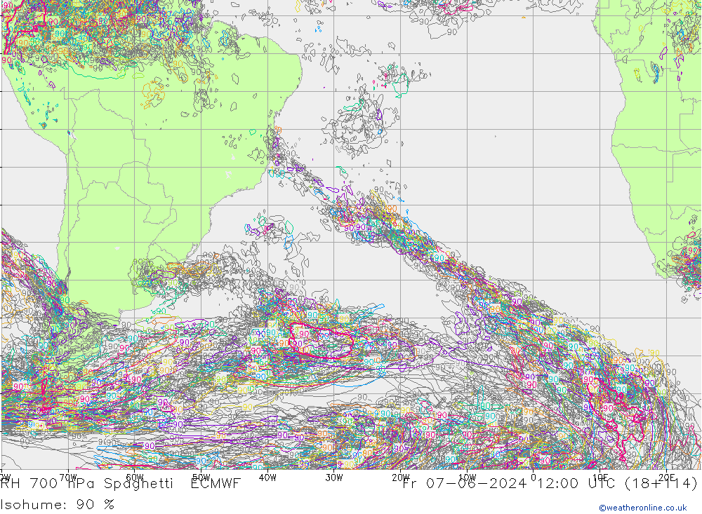 RH 700 hPa Spaghetti ECMWF  07.06.2024 12 UTC