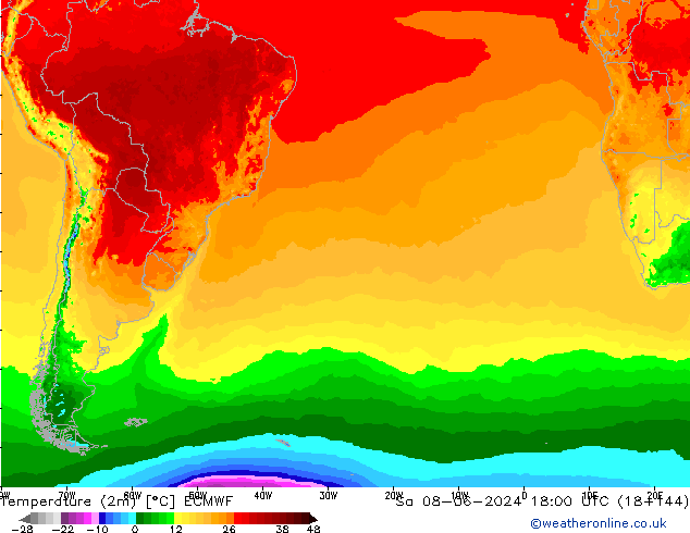 Temperature (2m) ECMWF Sa 08.06.2024 18 UTC