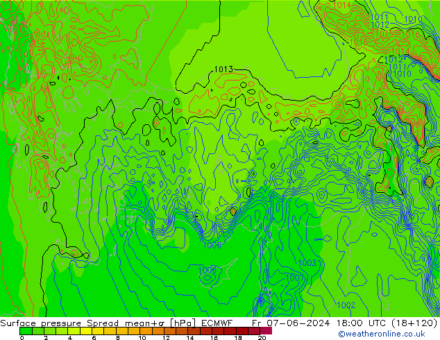 Surface pressure Spread ECMWF Fr 07.06.2024 18 UTC