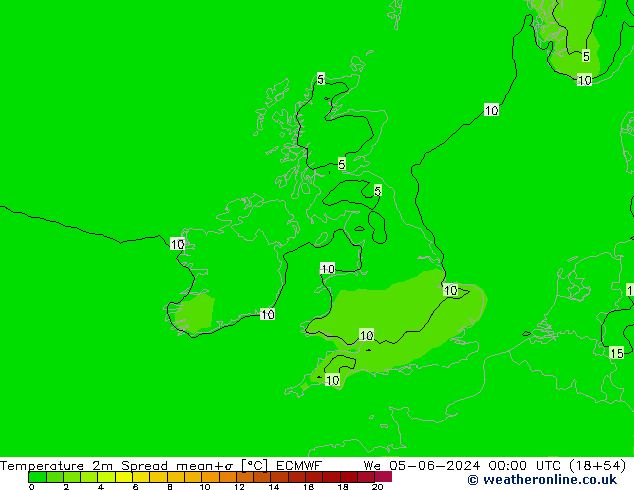 mapa temperatury 2m Spread ECMWF śro. 05.06.2024 00 UTC