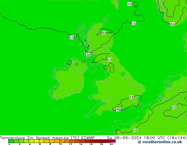 Temperature 2m Spread ECMWF Sa 08.06.2024 18 UTC