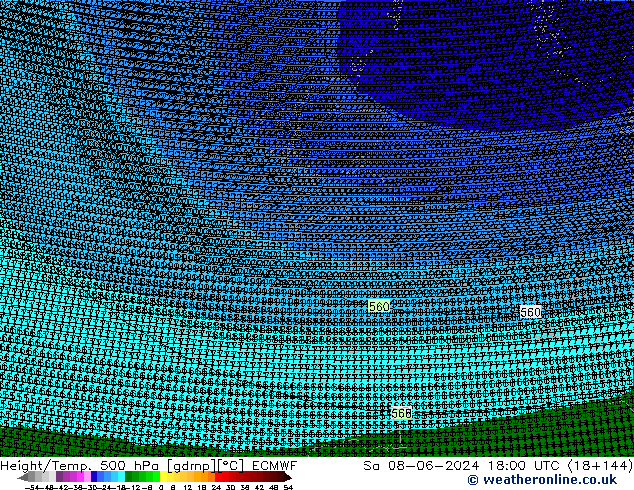 Height/Temp. 500 hPa ECMWF so. 08.06.2024 18 UTC