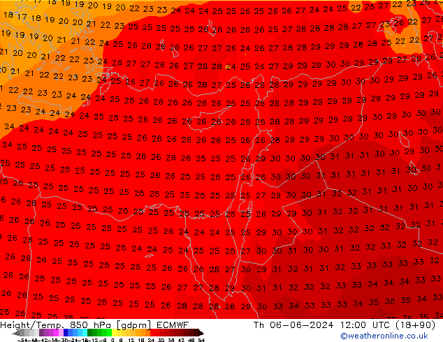 Height/Temp. 850 hPa ECMWF Th 06.06.2024 12 UTC