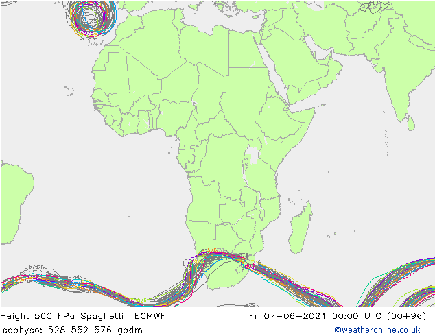 Height 500 hPa Spaghetti ECMWF ven 07.06.2024 00 UTC