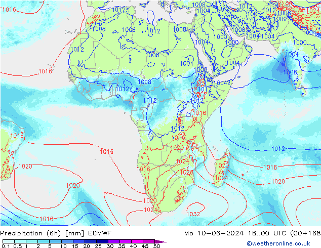 Totale neerslag (6h) ECMWF ma 10.06.2024 00 UTC