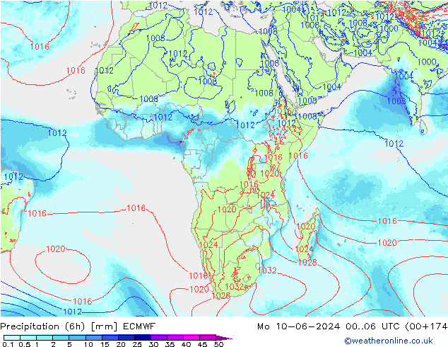 Totale neerslag (6h) ECMWF ma 10.06.2024 06 UTC