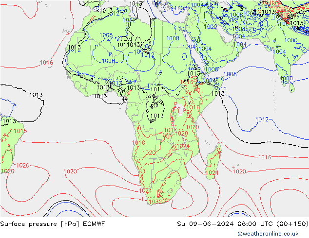 Presión superficial ECMWF dom 09.06.2024 06 UTC