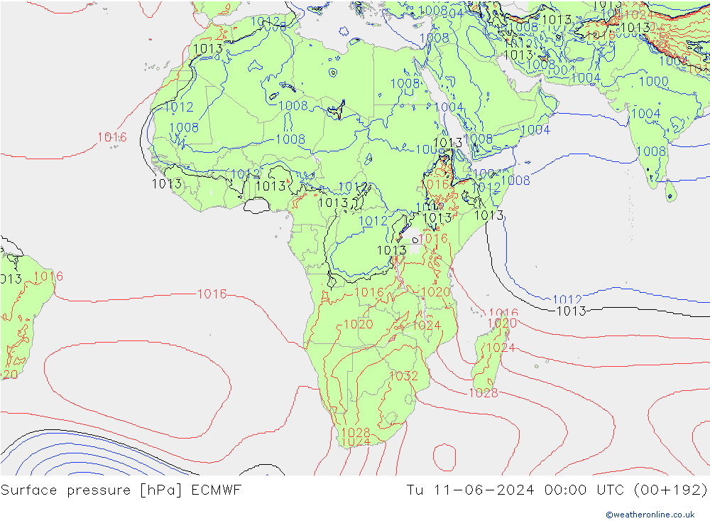 Surface pressure ECMWF Tu 11.06.2024 00 UTC