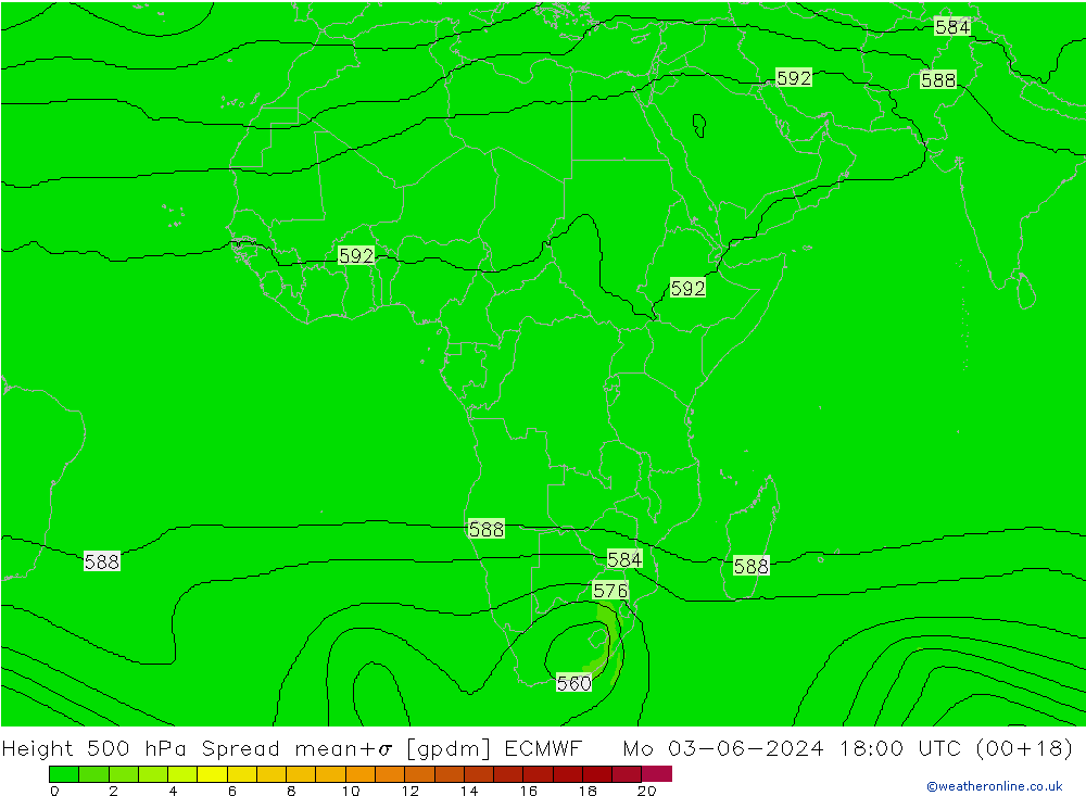 Height 500 hPa Spread ECMWF Mo 03.06.2024 18 UTC