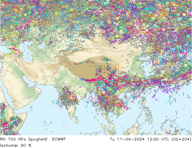 RH 700 hPa Spaghetti ECMWF Út 11.06.2024 12 UTC