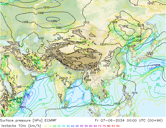 Eşrüzgar Hızları (km/sa) ECMWF Cu 07.06.2024 00 UTC