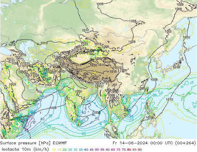 Isotachs (kph) ECMWF ven 14.06.2024 00 UTC