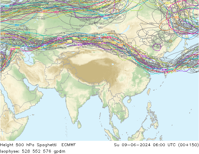 Height 500 hPa Spaghetti ECMWF Su 09.06.2024 06 UTC