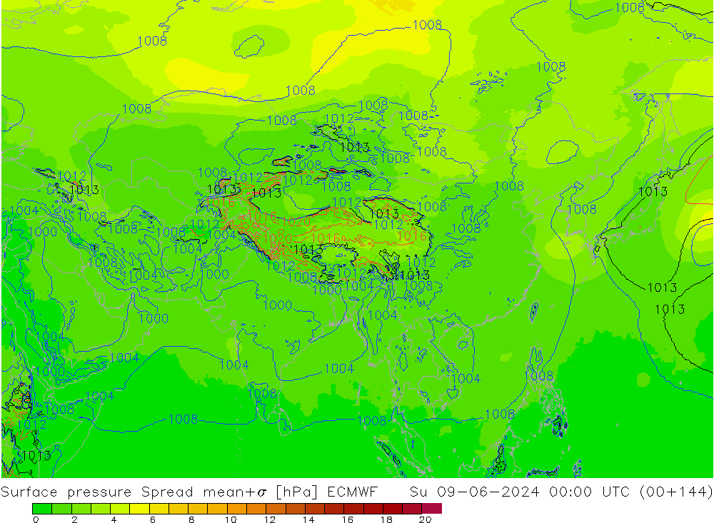 Surface pressure Spread ECMWF Su 09.06.2024 00 UTC