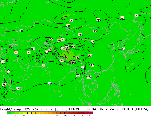 Height/Temp. 925 hPa ECMWF Út 04.06.2024 00 UTC