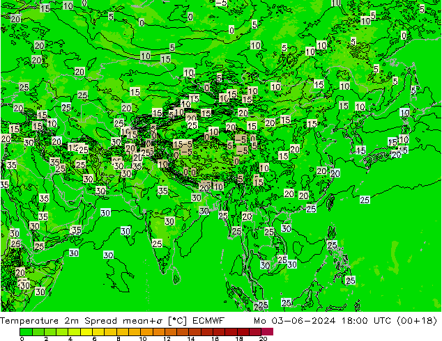 Temperatuurkaart Spread ECMWF ma 03.06.2024 18 UTC