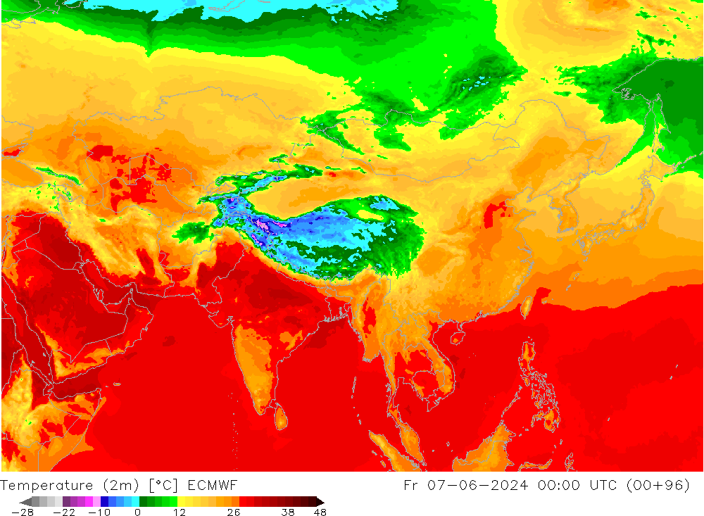 Temperature (2m) ECMWF Pá 07.06.2024 00 UTC