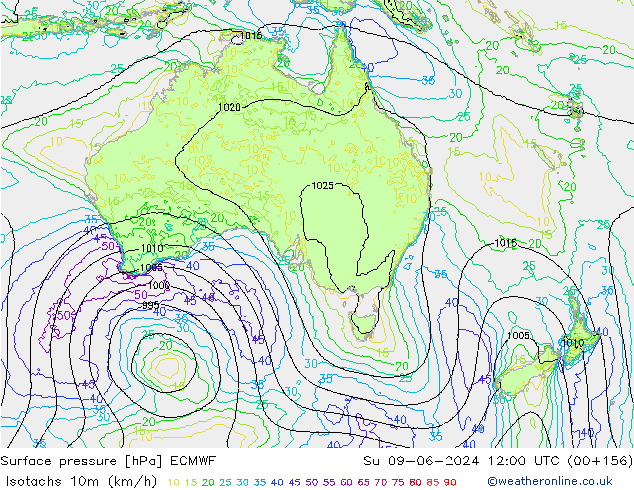 Isotachs (kph) ECMWF Ne 09.06.2024 12 UTC