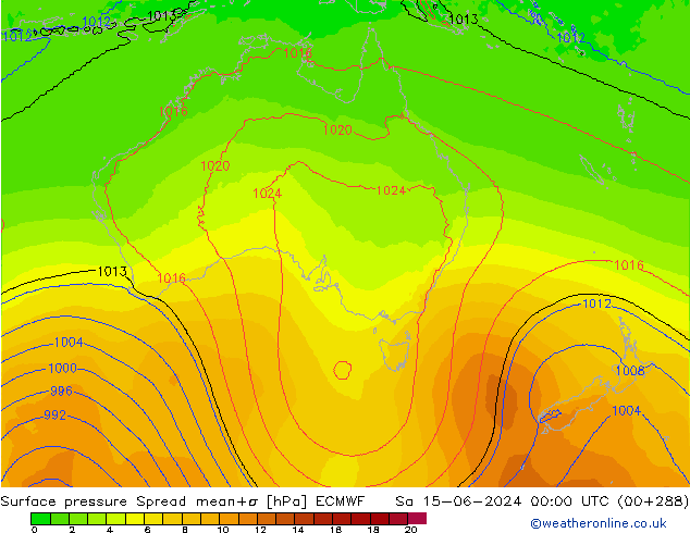 Surface pressure Spread ECMWF Sa 15.06.2024 00 UTC