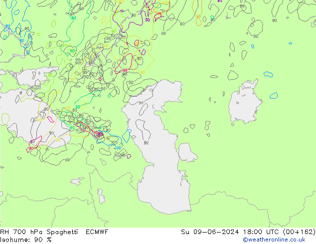 RH 700 hPa Spaghetti ECMWF Su 09.06.2024 18 UTC
