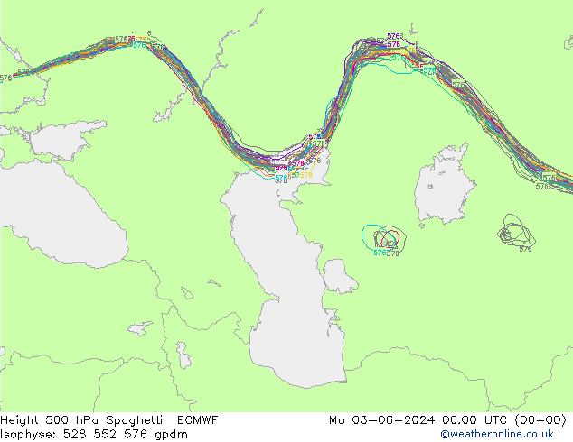 Height 500 hPa Spaghetti ECMWF Mo 03.06.2024 00 UTC