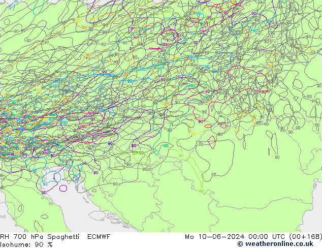 RH 700 hPa Spaghetti ECMWF pon. 10.06.2024 00 UTC