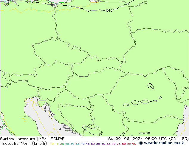 Isotachs (kph) ECMWF Su 09.06.2024 06 UTC